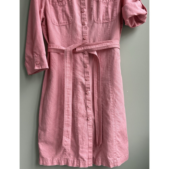 LL Bean Linen Cotton Belted Button Front Shirt Dress Pink Roll Tab Sleeves XL P - Picture 8 of 16